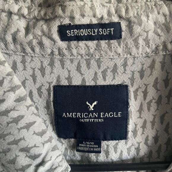 American Eagle Men’s Large Shirt – Seriously Soft Gray Shark Print Button-Up - Picture 2 of 6